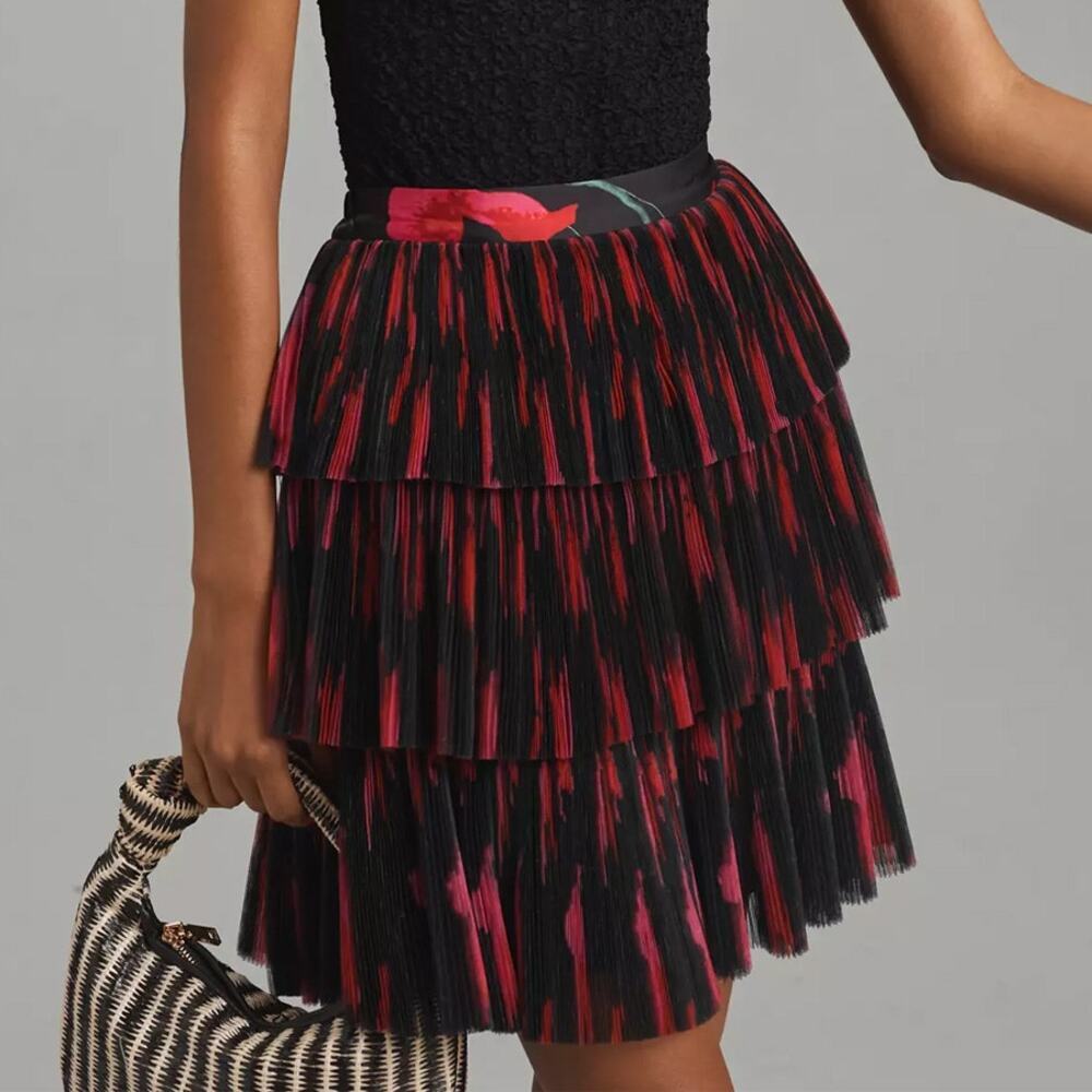 Anthropologie Hutch Tiered Mini Skirt in Black Red Size S